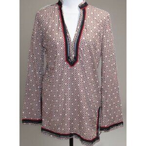 Tory Burch Cotton Tunic Lightweight Slip On Side Zip Geometric Red Black Size S